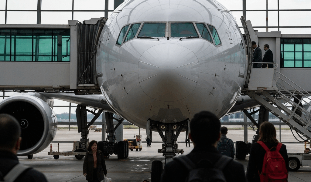 boeing 777 aircraft at airport gate with passengers boarding 20260331 090424