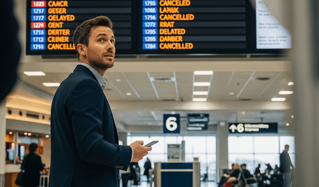 frustrated airline passenger looking at departure board show 20260331 094037