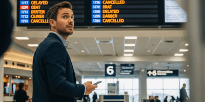 frustrated airline passenger looking at departure board show 20260331 094037