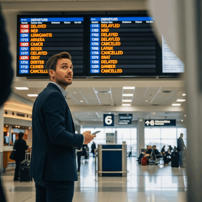 frustrated airline passenger looking at departure board show 20260331 094037